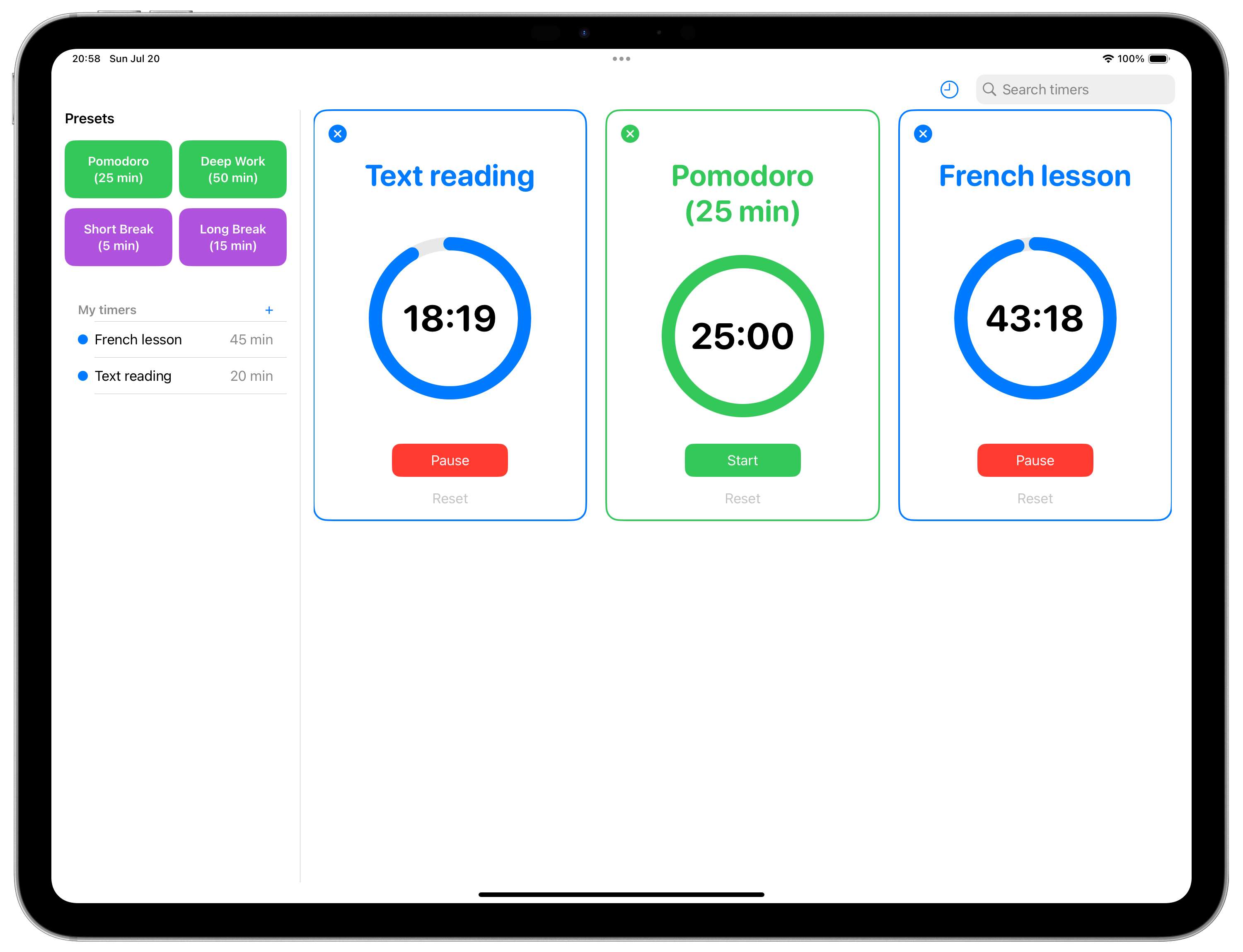 iPadOS – multi-timer view