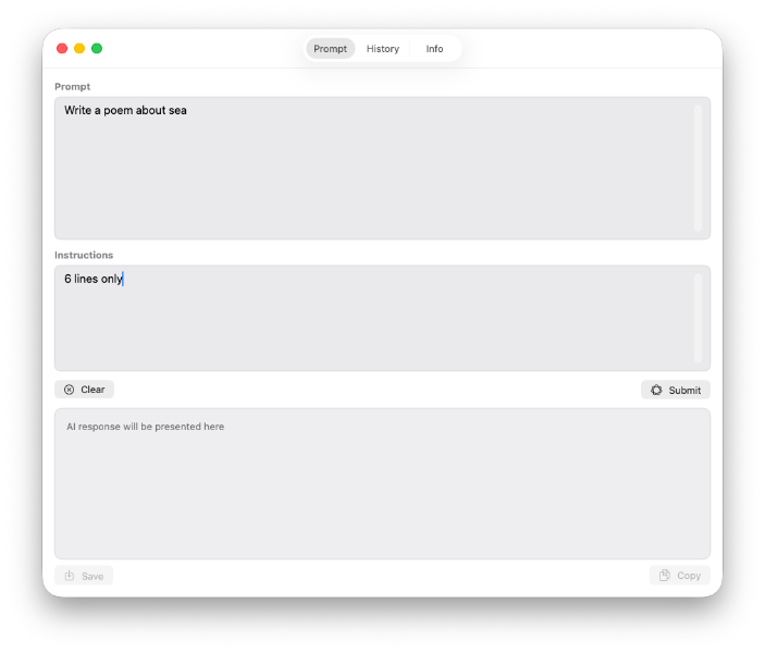 Workspace showing prompt, instruction, and response fields