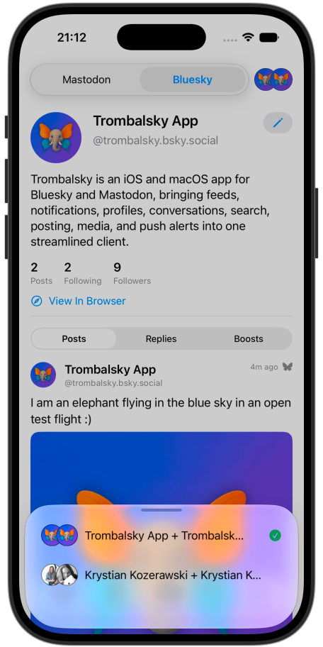 Trombalsky account pair switcher listing multiple identity pairs